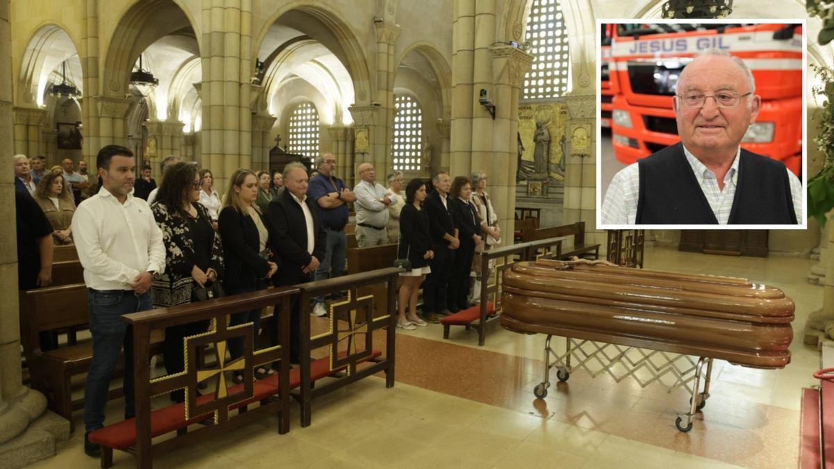 Un momento del funeral, con la familia en los primeros bancos. En el recuadro, Jesús Gil.