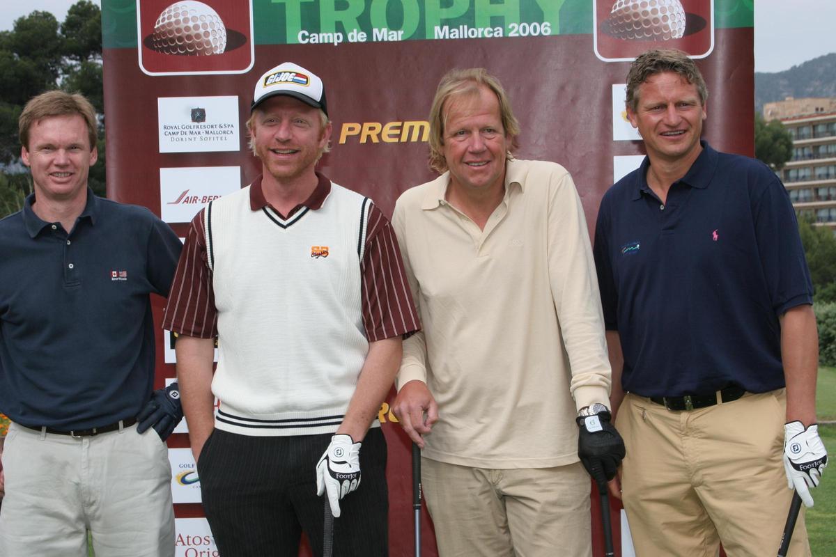 Premiere Golf Trophy zugunsten der Franz-Beckenbauer-Stiftung in Golf de Andratx, Camp de Mar, Golfturnier mit den Ex-Tennisspielern Eric Jelen, Boris Becker, Immobilien-Unternehmer Matthias Kühn und dem Geschäftsführer von Golf de Andratx, Stefan Blöcher (von links)