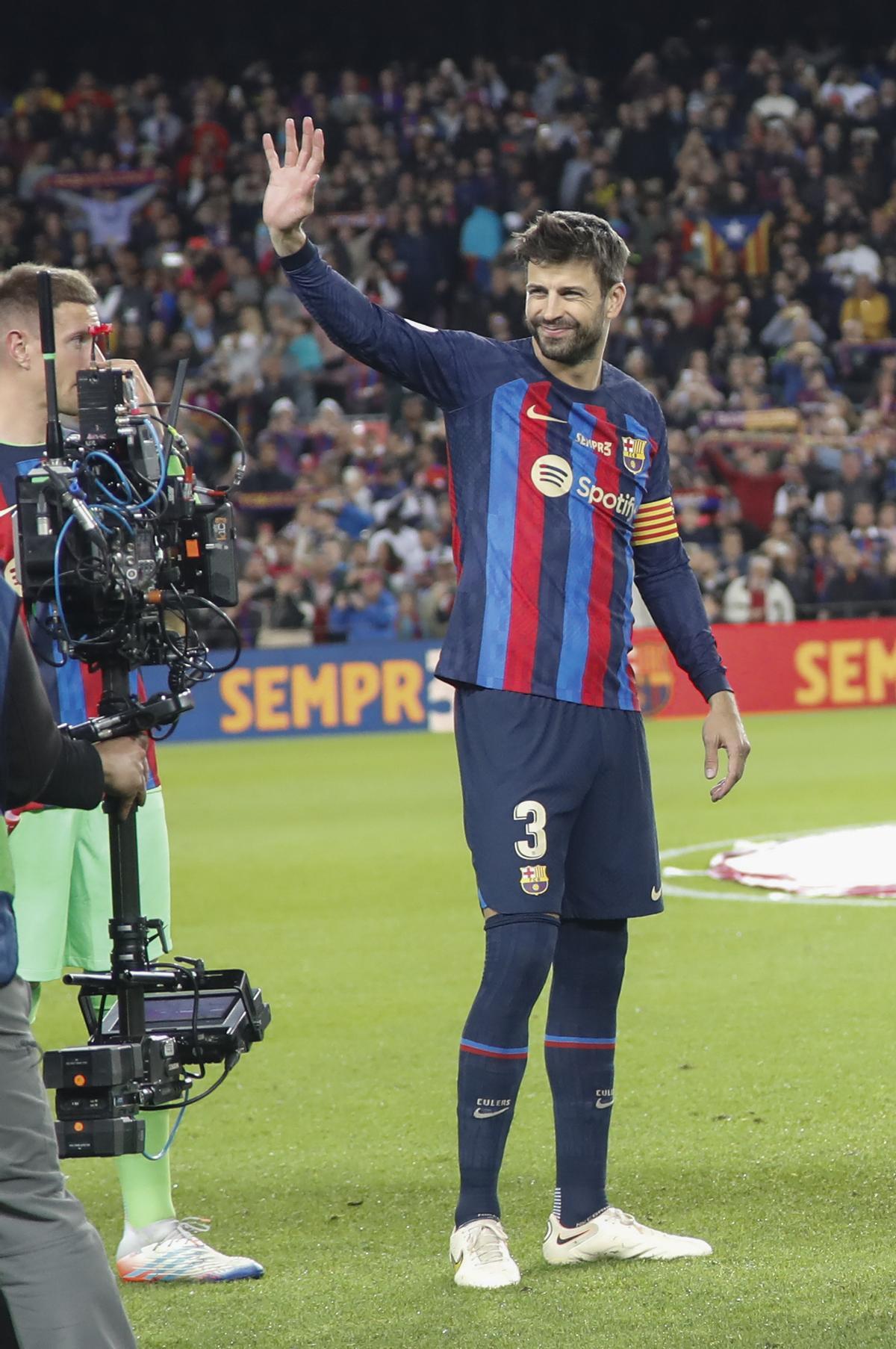 FC Barcelona’s defender Gerard Pique reacts ahead of his last game as a professional player in the Spanish LaLiga soccer match between FC Barcelona and UD Almeria held at Spotify Camp Nou Stadium in Barcelona, eastern Spain, 05 November 2022. EFE/ Marta Perez