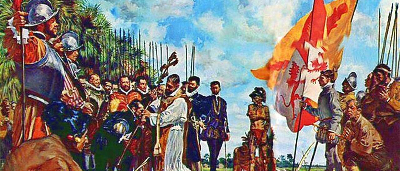 Una pintura sobre el ceremonial de la llegada de Pedro Menéndez a Florida | Irma Collín / LNE