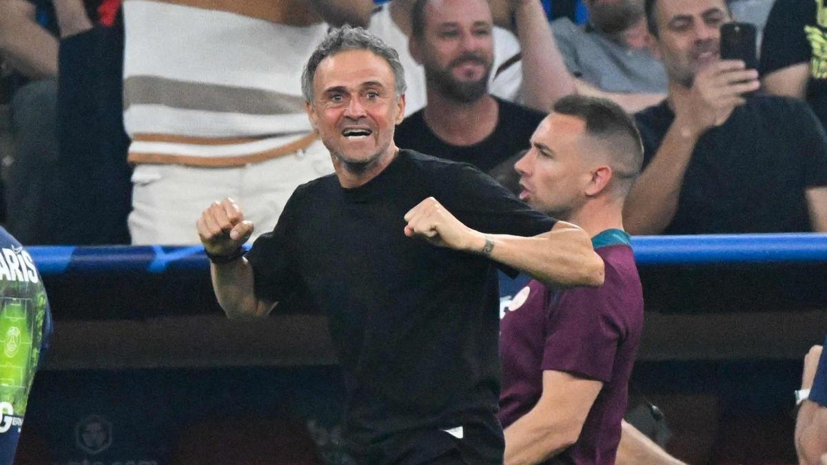 Luis Enrique, the PSG coach, celebrates one of the goals to Inter in the Champions League final in Munich.