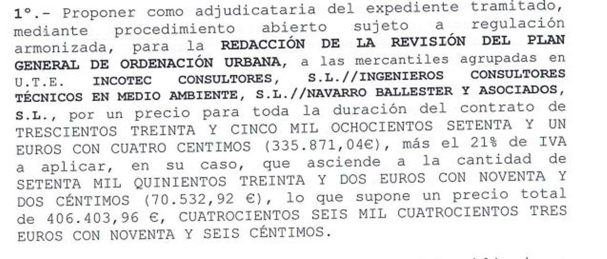 Propuesta de la mesa de contratación de la empresa mejor valorada para redactar el nuevo Plan General sin que se haya formalizado el contrato fechada en febrero de 2020