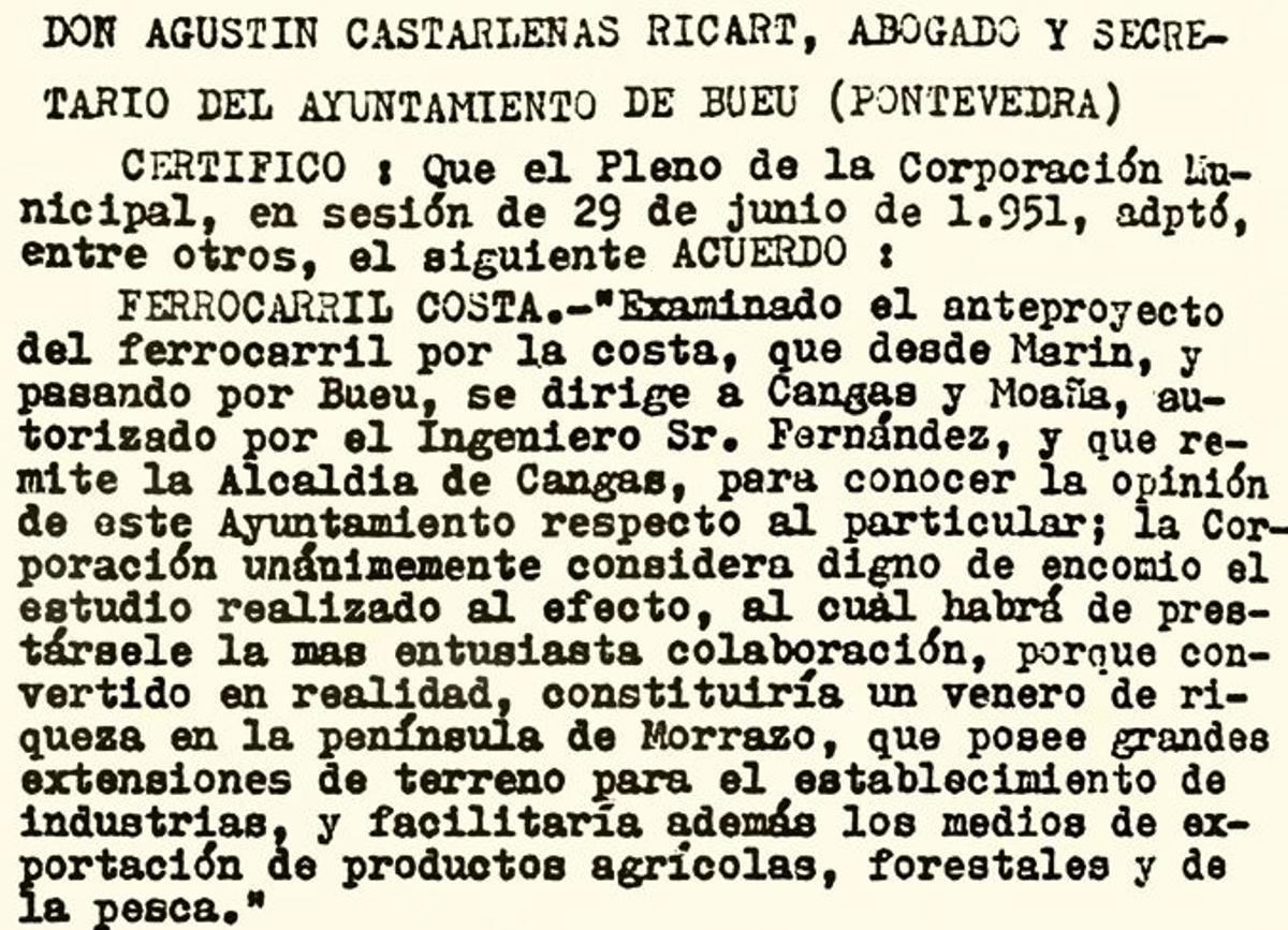 Certificado do acordo plenario do Concello de Bueu, en xuño de 1951, apoiando o anteproxecto de ferrocarril pola costa.