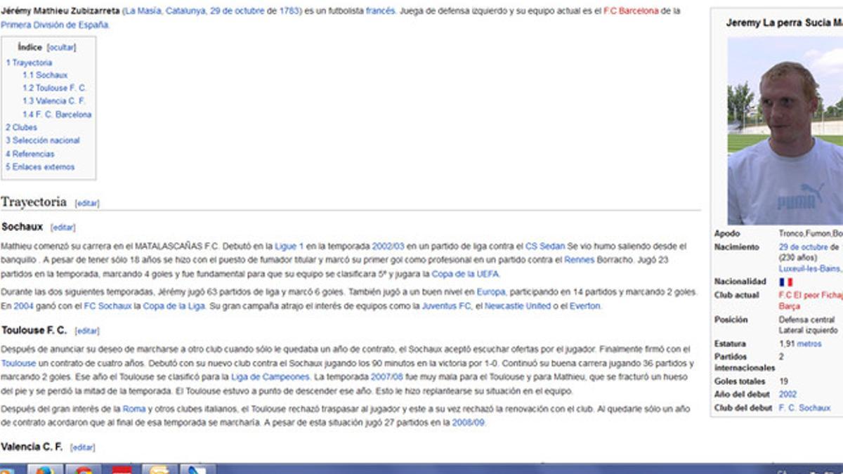 Mathieu, insultado en su perfil de Wikipedia