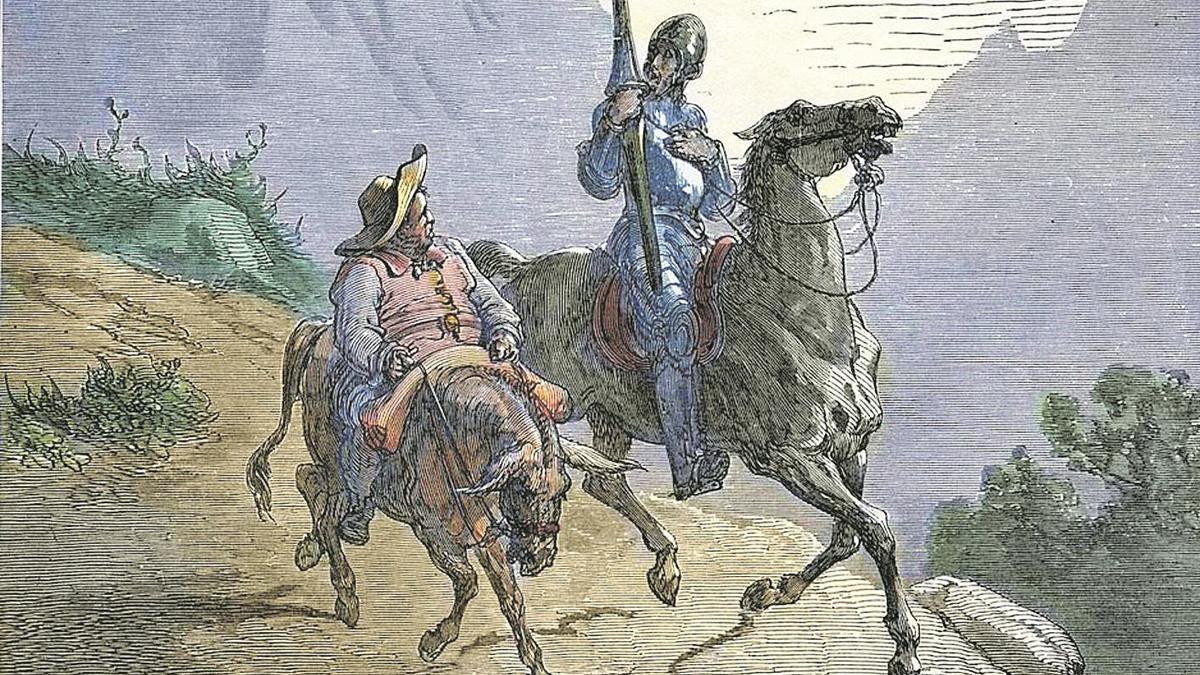 Don Quijote y Sancho Panza, en un grabado de Gustavo Doré coloreado
