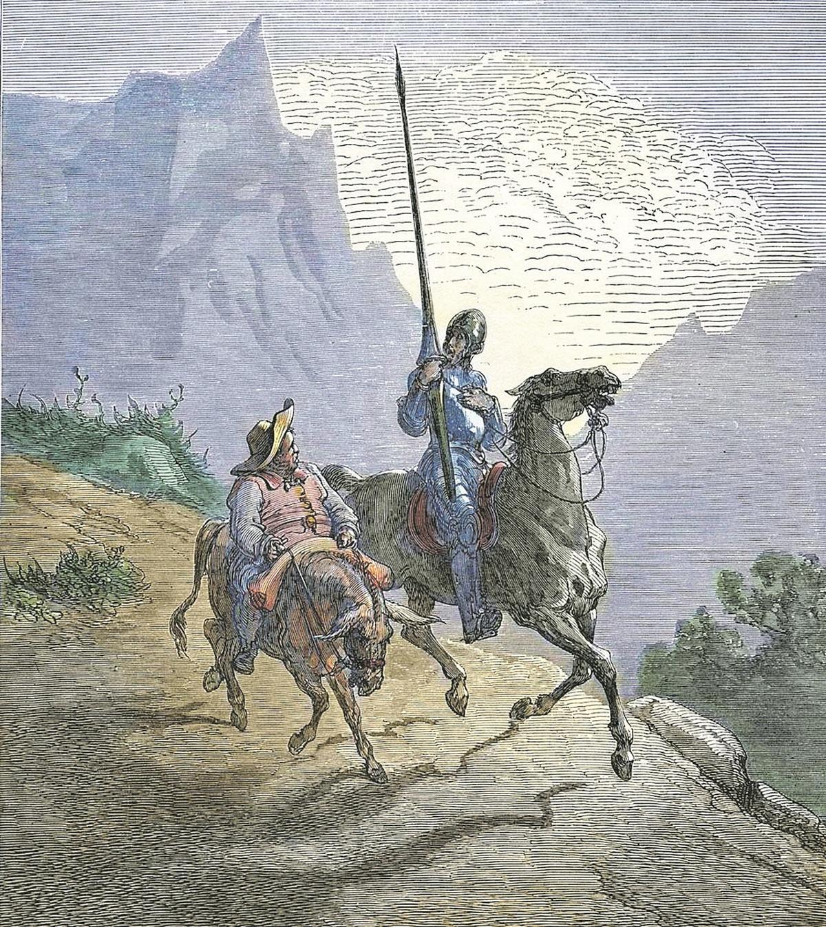 Don Quijote y Sancho Panza, en un grabado de Gustavo Doré coloreado