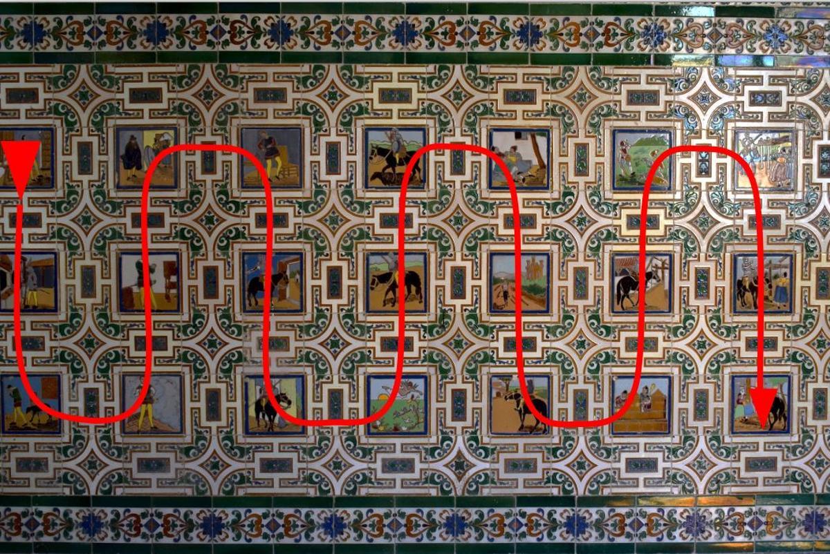 Lo más llamativo de los azulejos del Quijote del Gaona es que están colocados en orden  y pueden ‘leerse’ de arriba a abajo, en zigzag. 4. Instrucciones de la fábrica de Sevilla para colocar los azulejos del Quijote.