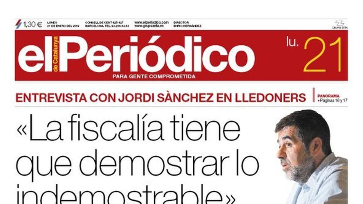 La portada de EL PERIÓDICO del 21 de enero del 2019