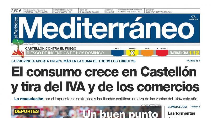El consumo crece en Castellón y tira del IVA y de los comercios, en la portada de el periódico Mediterráneo
