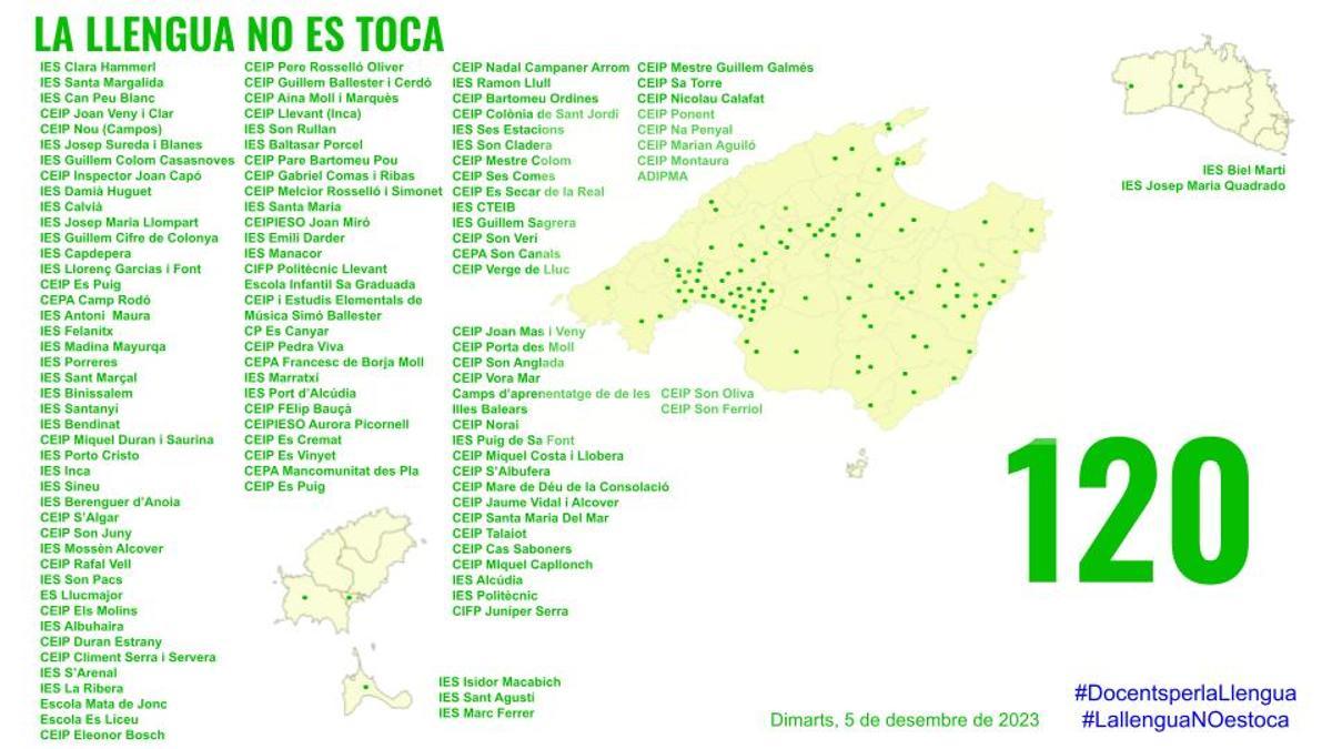 Mapa de adhesiones docentes al movimiento a favor del catalán en la escuela
