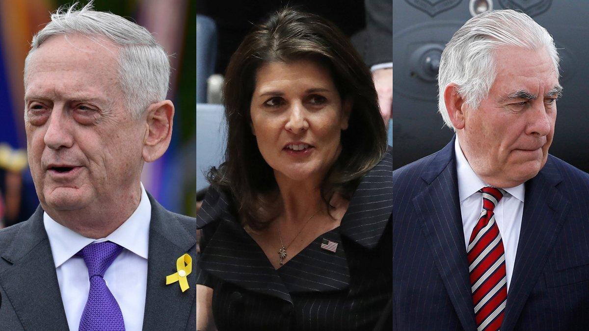 De izquierda a derecha Jim Mattis, Nikki Haley y Rex Tillerson