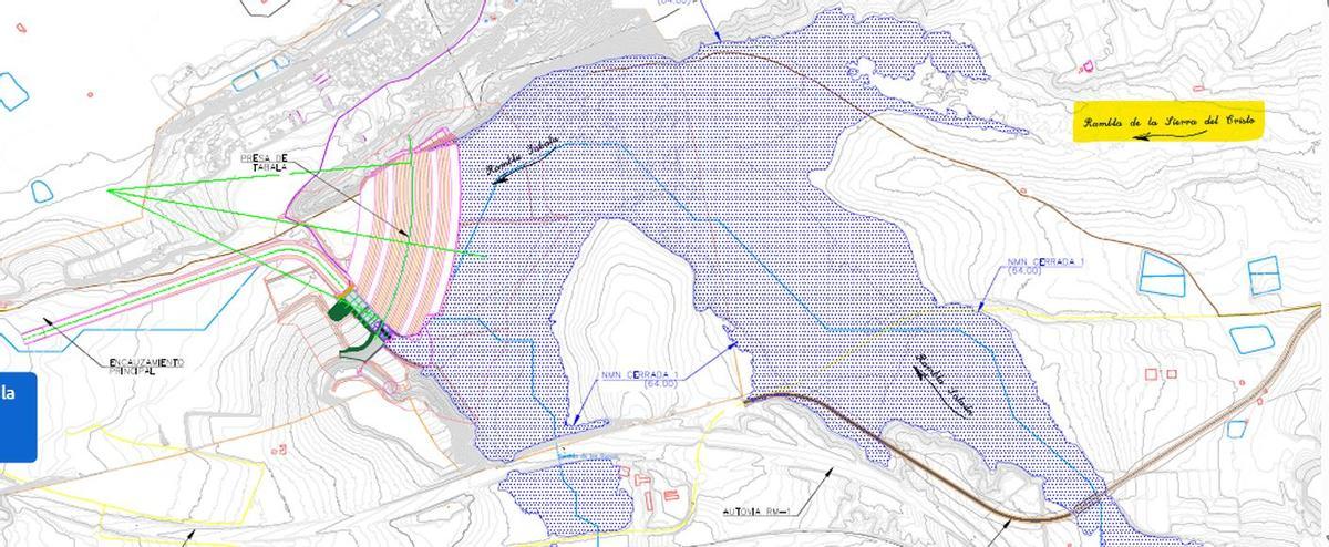 Proyecto de la presa de Tabala. A la derecha, en amarillo la indicación de la rambla de la Sierra del Cristo, donde se plantea la planta de basura