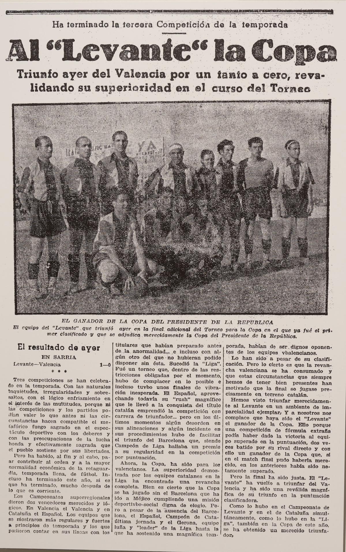Ejemplar de prensa escrita que narra la victoria del Levante en la final de la Copa de la República.