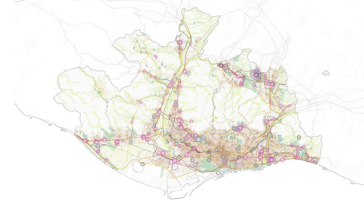 Mapa del AMB del model policèntric: el PDUM promou un territori metropolità policèntric, amb una xarxa de centralitats connectades que distribueix oportunitats