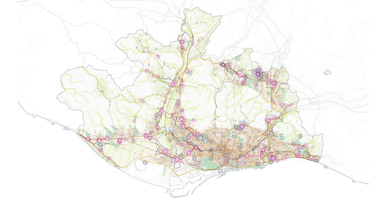 Mapa del AMB del modelo policéntrico: el PDUM promueve un territorio metropolitano policéntrico, con una red de centralidades conectadas que distribuye oportunidades