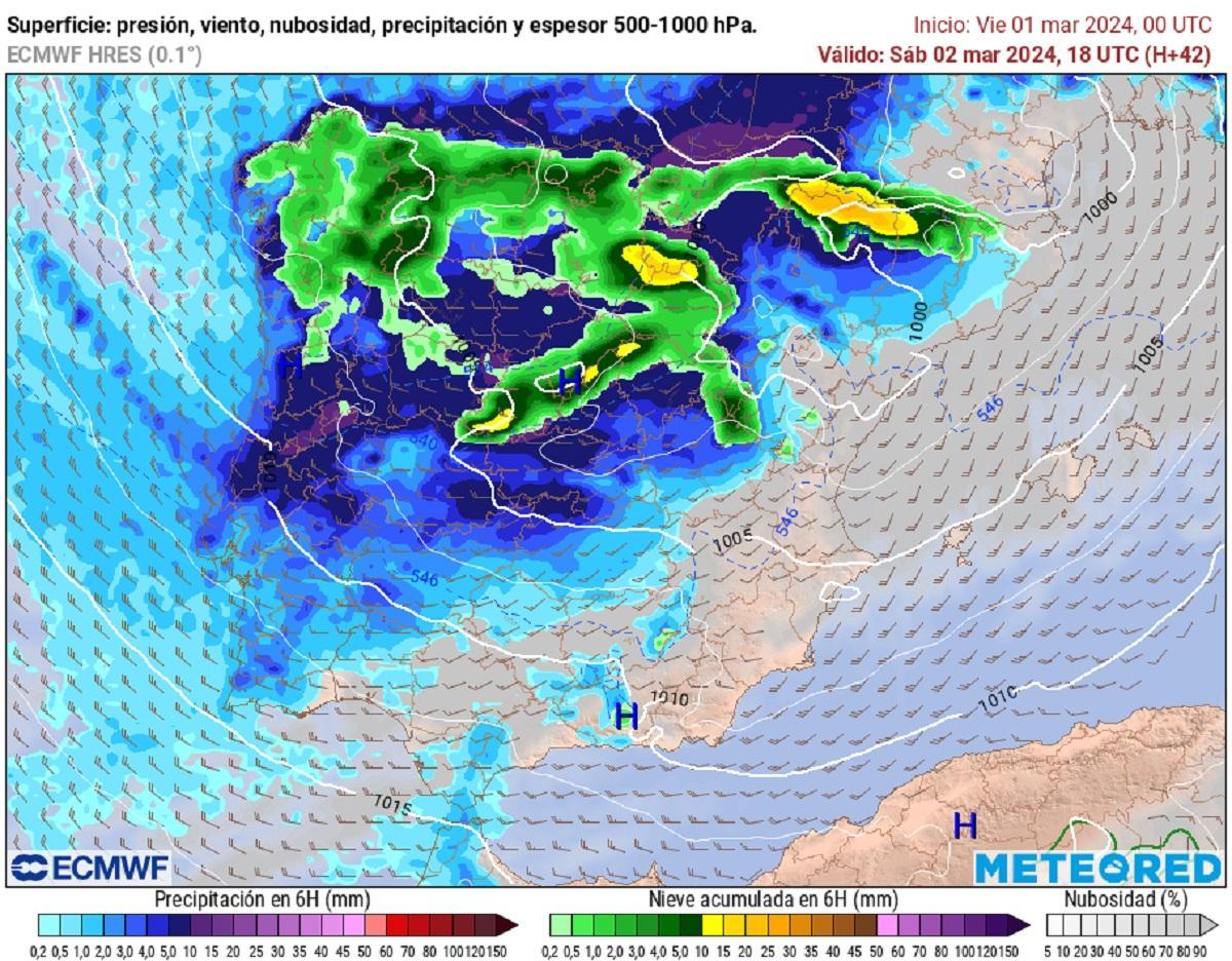 Previsión del modelo ECMWF para la tarde de este sábado, con buena parte de Galicia bajo la nieve