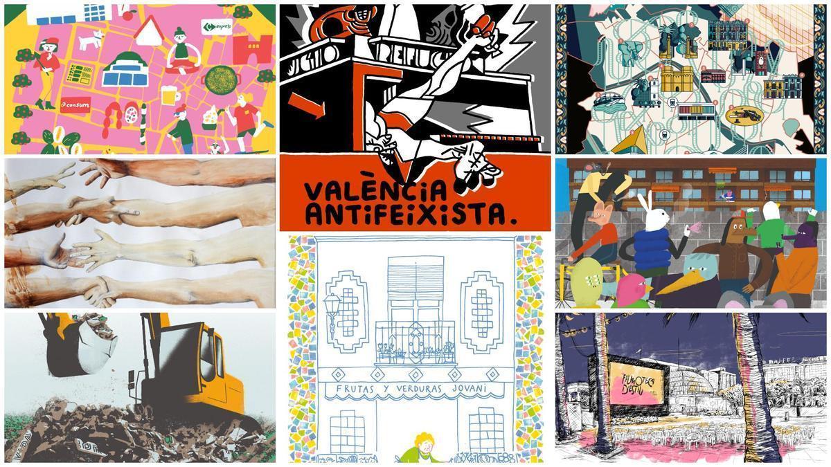 Algunas de las ilustraciones de 'València se ilustra' en Rambleta, hasta el 31 de julio.