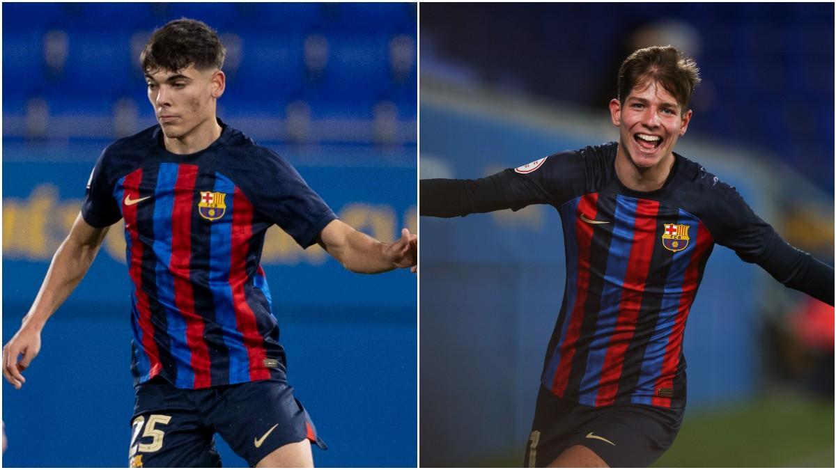 Álex Valle y Estanis Pedrola con el filial del Barça durante la temporada 2022/23