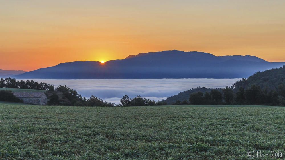 Collsuspina. Al començament del dia, els primers raigs de sol pinten el cel de color taronja. Una catifa de núvols cobreix la plana de Vic.