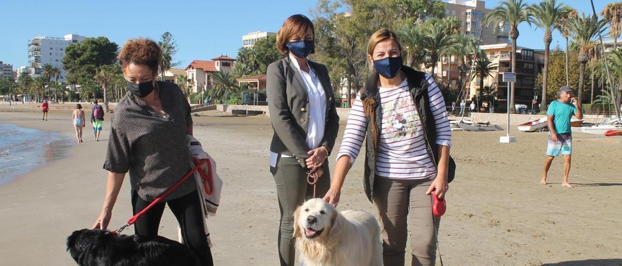 La alcaldesa, Susana Marqués, con las edilas Vanessa Batalla y Elena Llobell, junto a perros en una playa de Benicàssim.