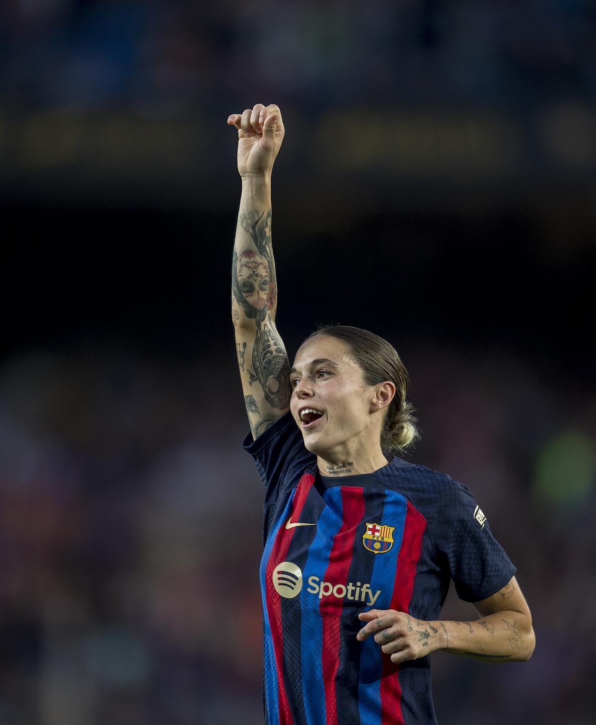 María León durante las celebraciones en el Camp Nou tras la clasificación del equipo para la final de la Champions
