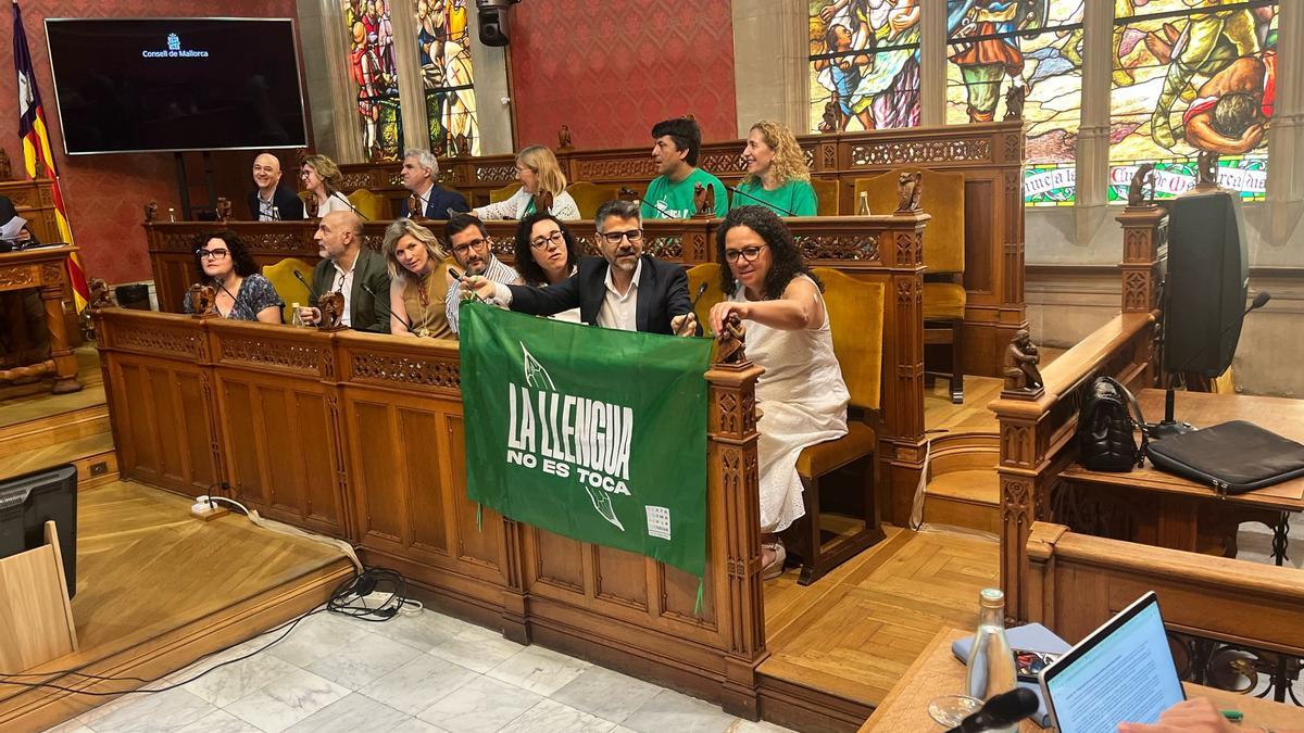 Imagen de la bandera que ha colocado el PSIB-PSOE esta mañana en el pleno del Consell