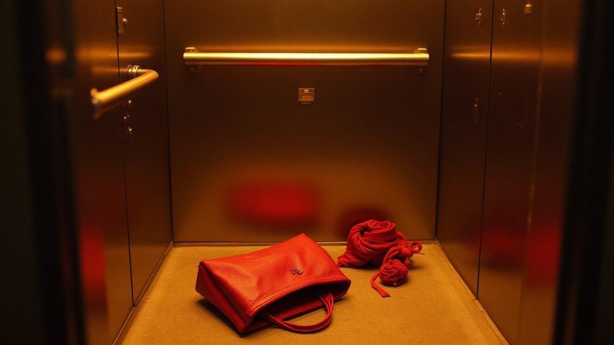 Una imagen de un bolso tirado  en un ascensor.