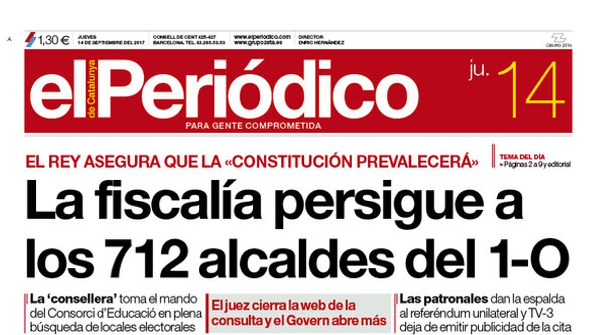 La portada de EL PERIÓDICO DE CATALUNYA del 14 de septiembre del 2017