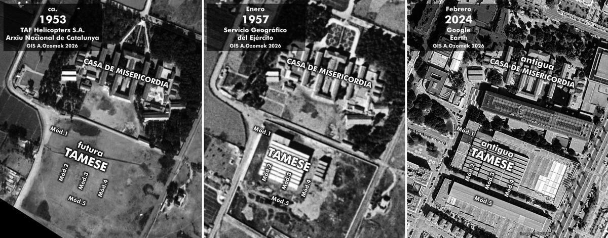 Esquema evolutivo sobre fotografías aéreas de 1953, 1957 y 2024.