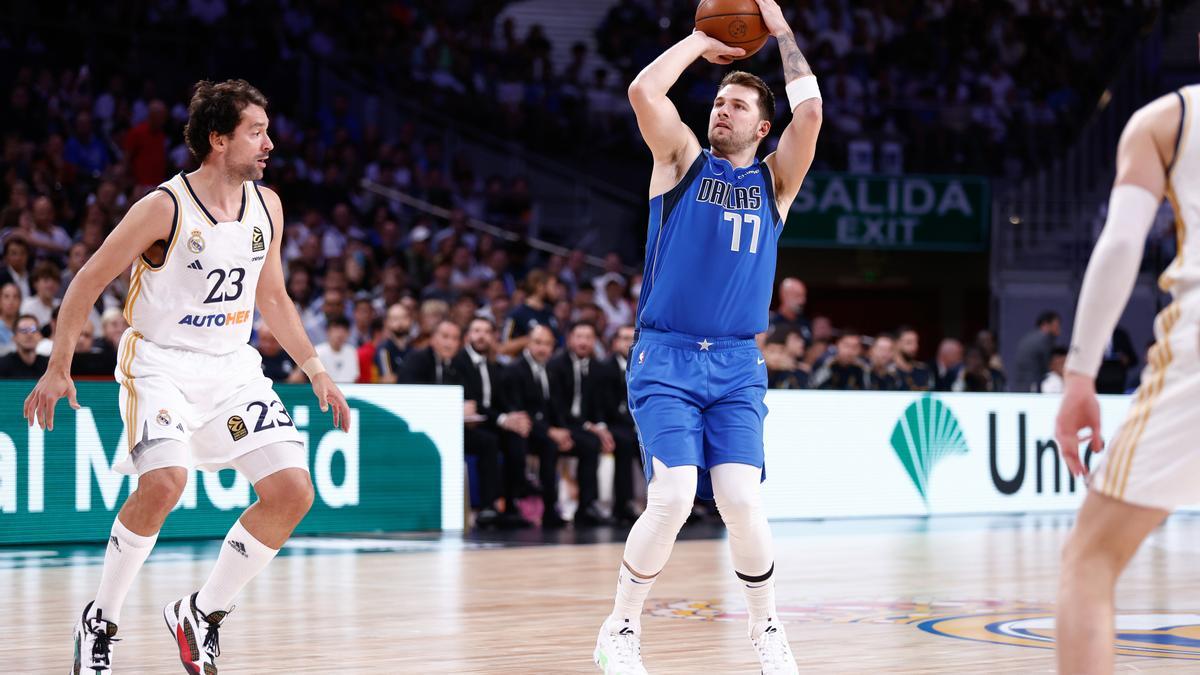 Luka Doncic of Dallas Mavericks in action during the basketball friendly match played between Real Madrid and Dallas Mavericks at Wizink Center pavilion on October 10, 2023, in Madrid, Spain.