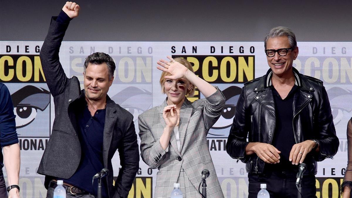 Mark Ruffalo, Cate Blanchett y Jeff Goldblum, en el panel sobre 'Thor Ragnarok'.