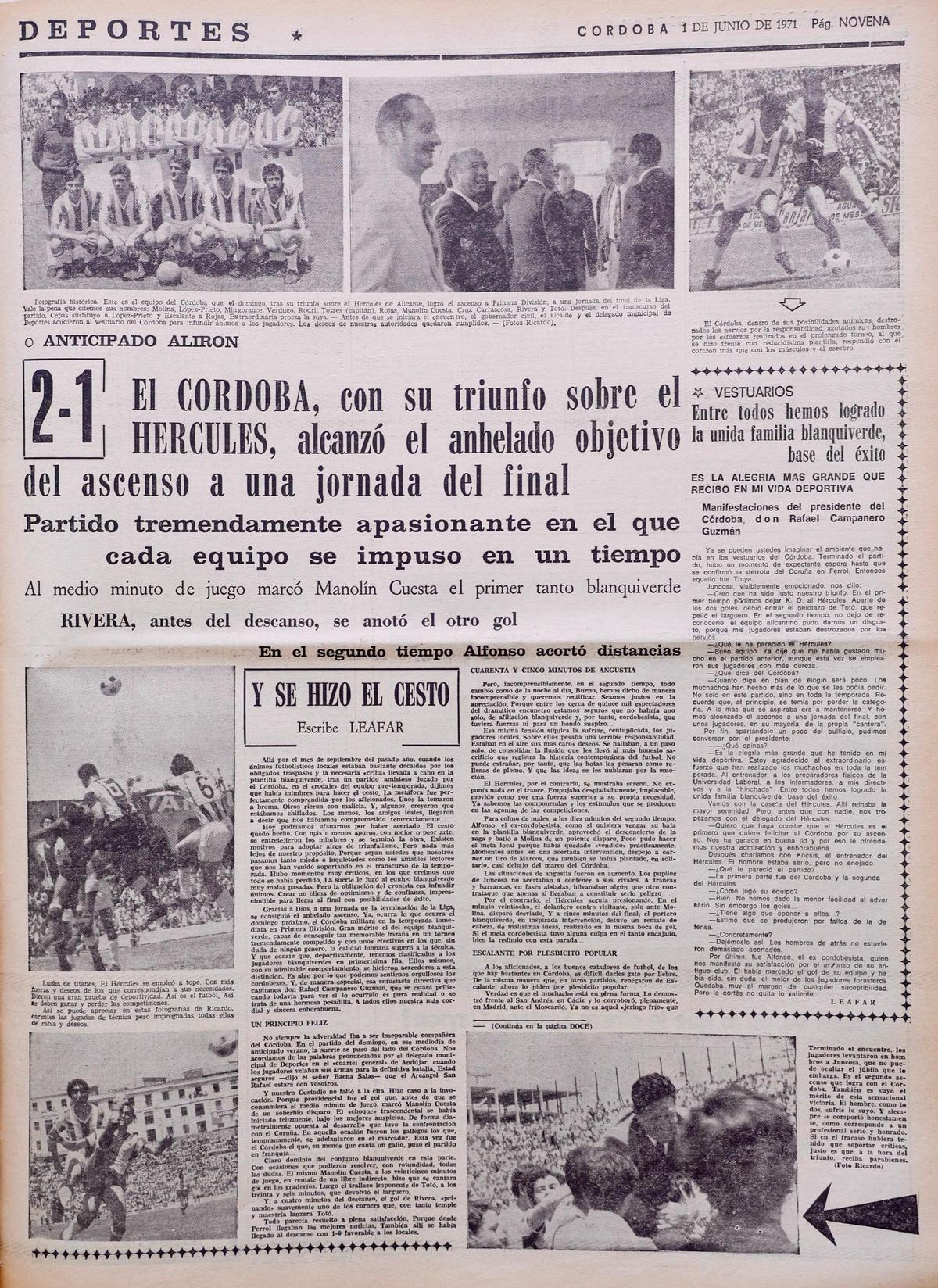 Crónica del triunfo del Córdoba CF en El Arcángel contra el Hércules (2-1) ante 15.000 espectadores.