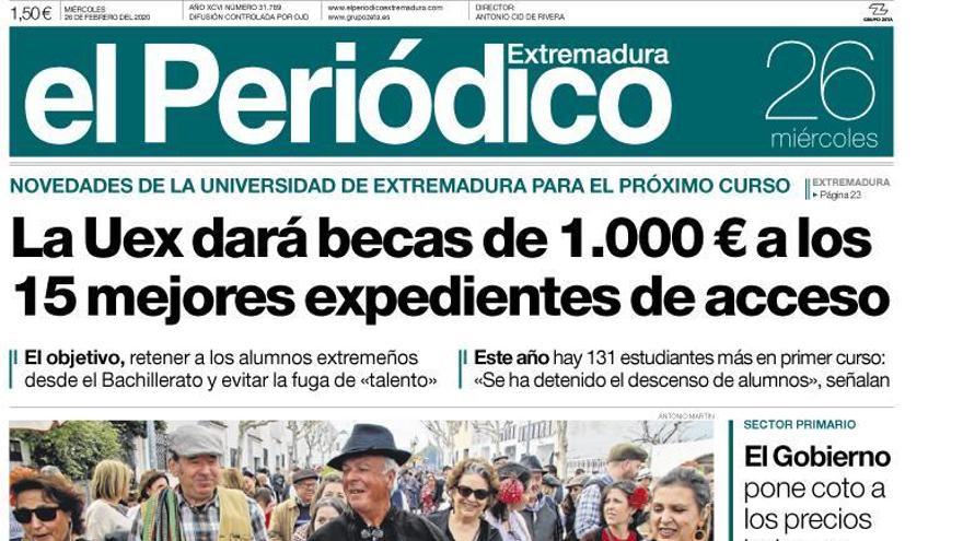 Esta es la portada de EL PERIÓDICO EXTREMADURA correspondiente al día 26 de febrero del 2020