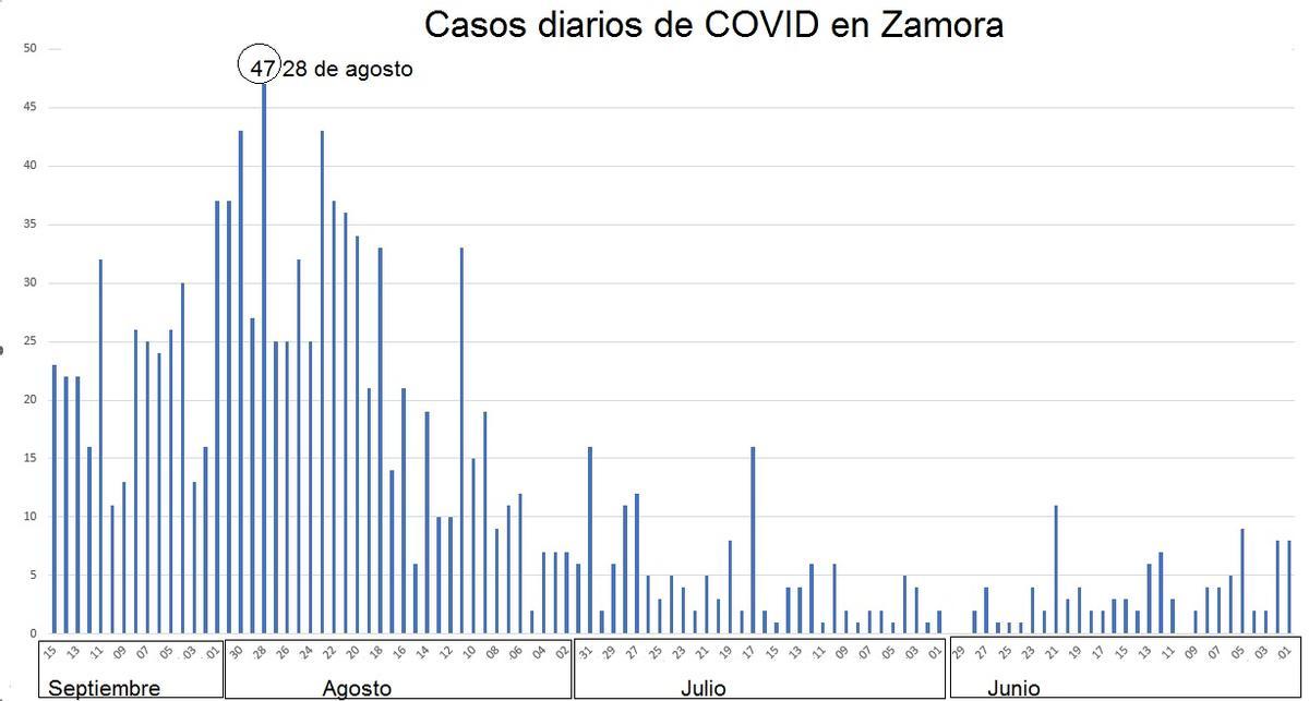 Casos diarios de coronavirus desde junio en Zamora
