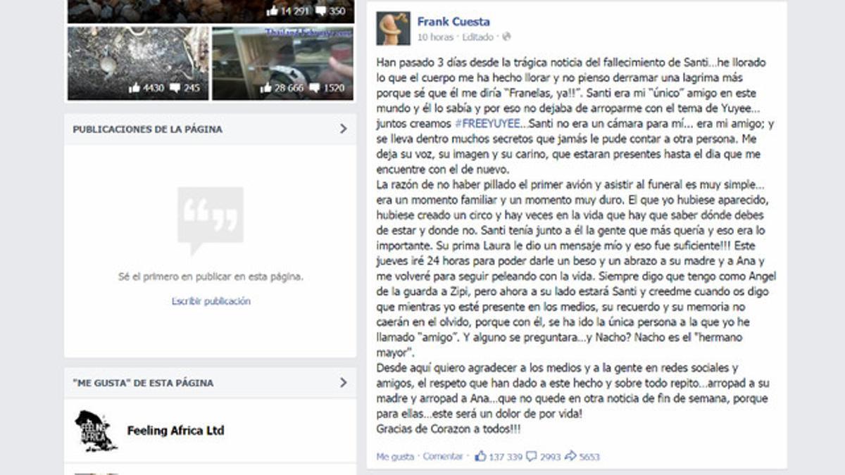 Captura de la carta que Frank de la Jungla ha colgado en su página de Facebook para despedir a su amigo Santi Trancho.