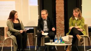 Valentina Raffio, Josep Santacreu y Janet Sanz, este viernes en el HUB Social, en Barcelona.