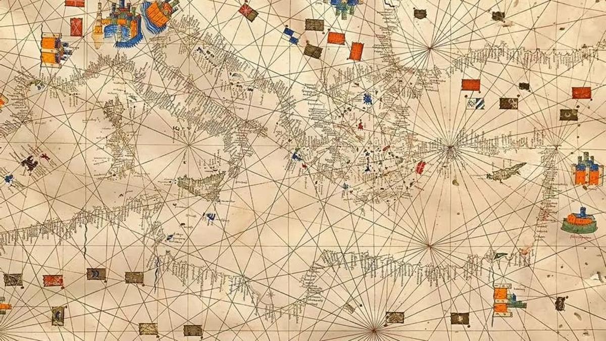 Detail der außergewöhnlichen Mittelmeer-Karte von Pere Rosell, die bem Auktionshaus Sotheby's versteigert wird.