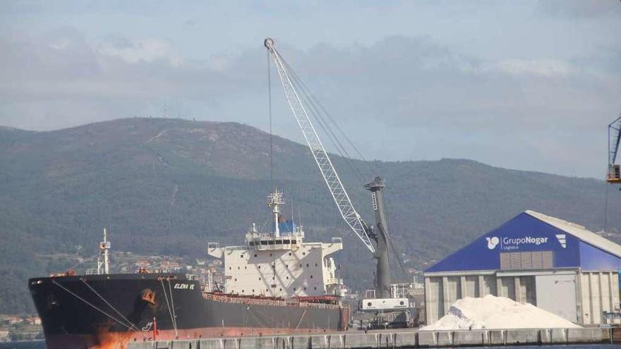 El buque Elena Ve descarga cereal en el Puerto de Marín. // S.A.