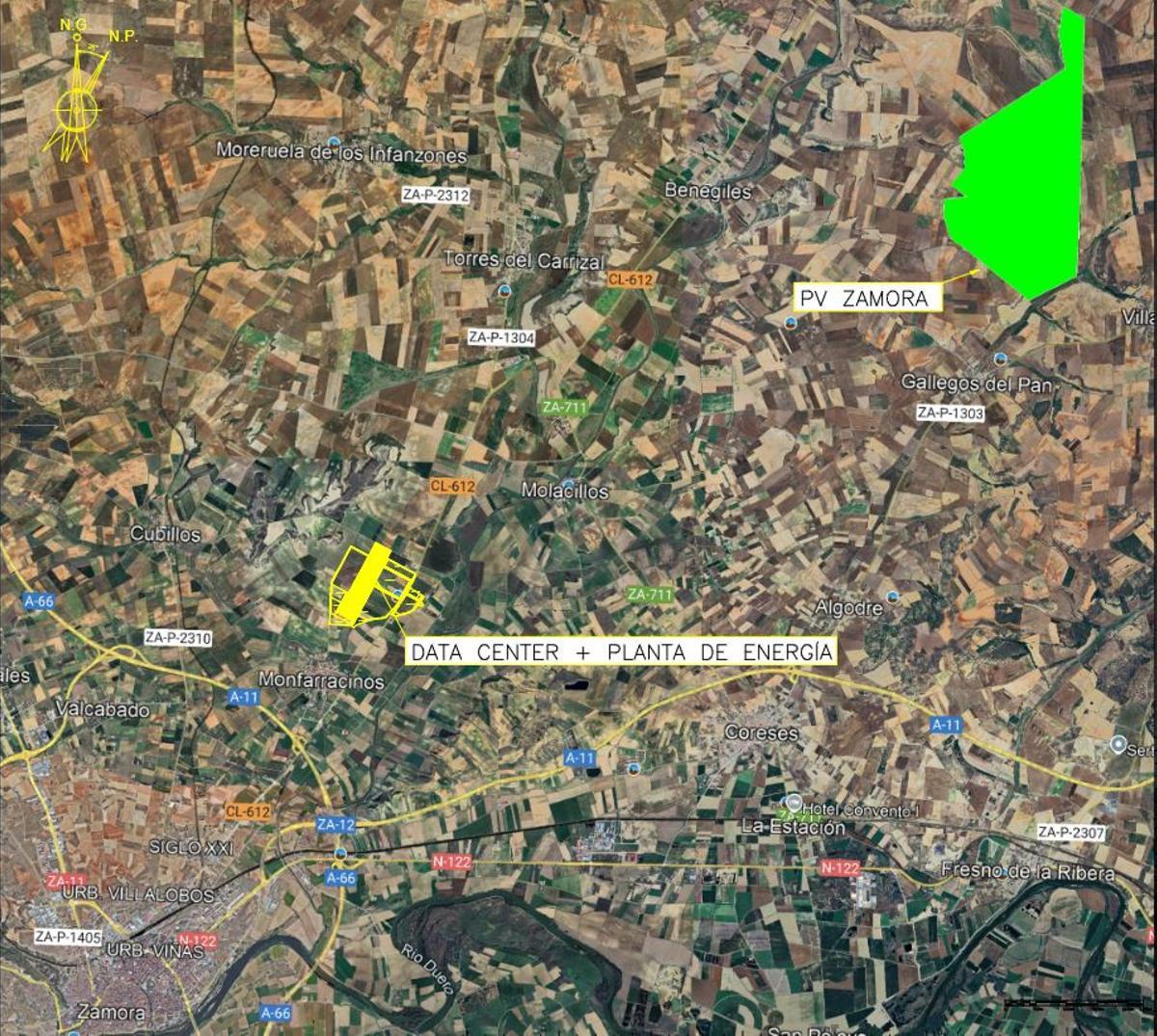 Plano con la ubicación del centro de datos y de la planta solar fotovoltaica.