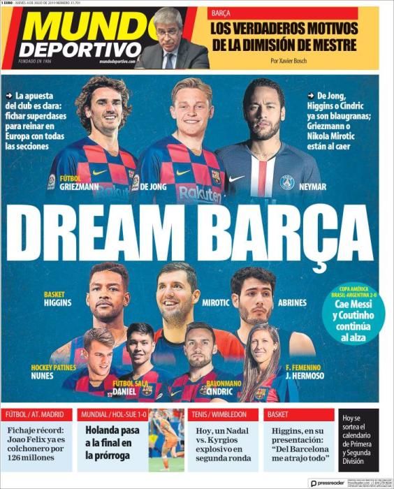 Portada MUNDO DEPORTIVO jueves 4 de julio 2019