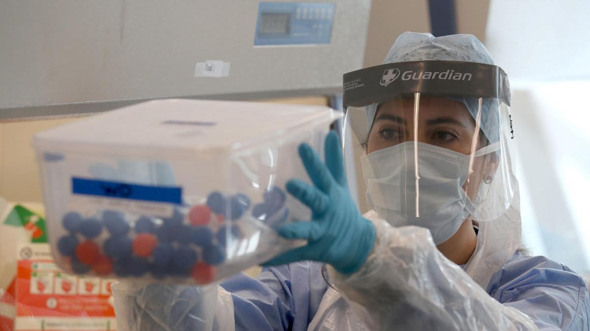 Un técnico de laboratorio con varias muestras.