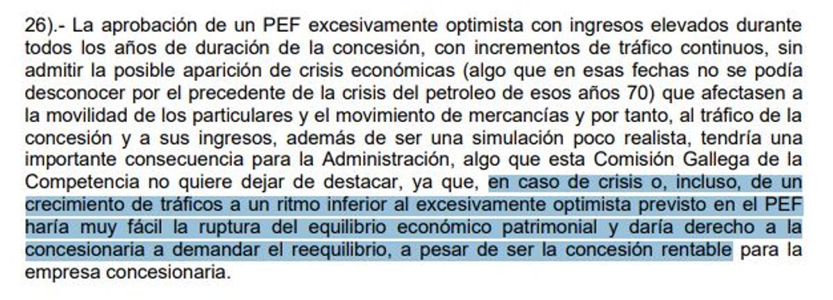 Extracto del informe de la Comisión Galega de Competencia