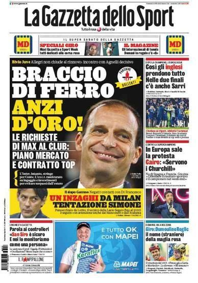 Portada GAZZETTA DELLO SPORT  viernes 10 mayo 2019