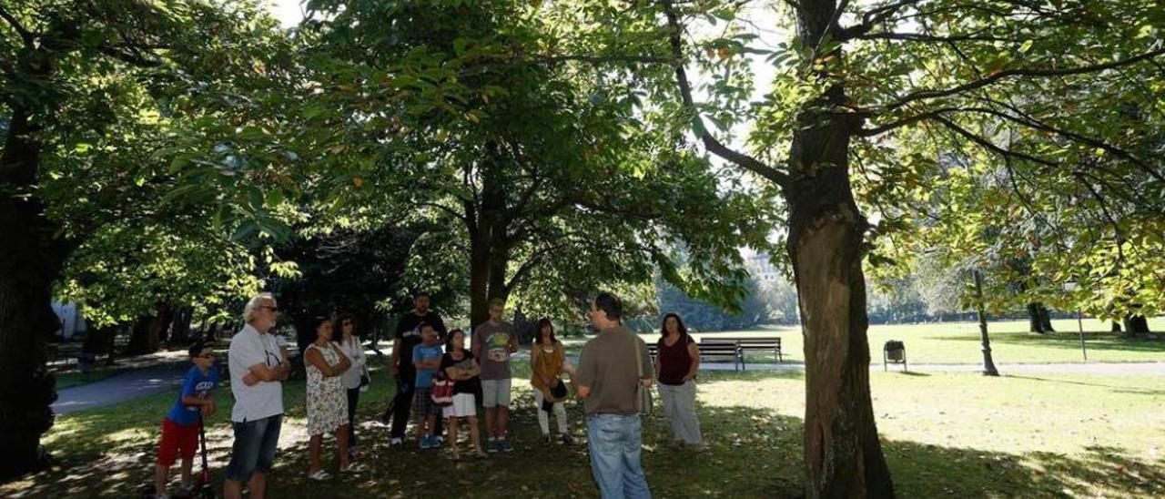 El grupo de visitantes, reunidos junto al guía entre varios árboles del parque de Ferrera.