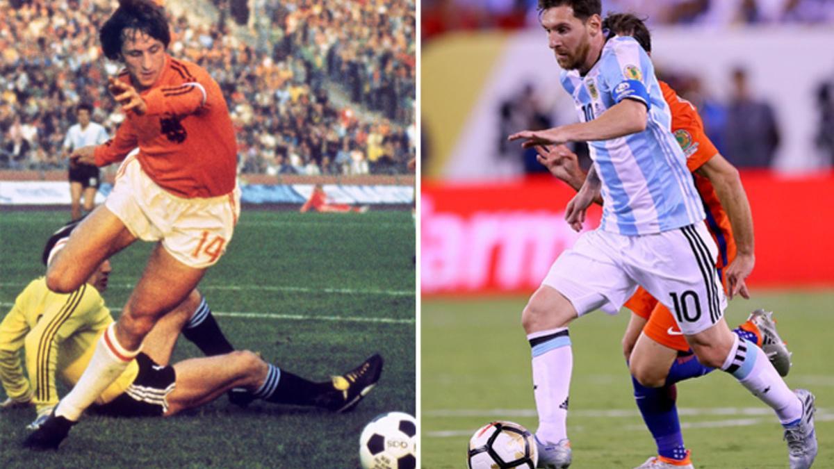 Johan Cruyff en acción durante el partido entre Argentina y Holanda el 26 de junio de 1974 y Leo Messi en una jugada de la final de la Copa América 2016 de Argentina contra Chile