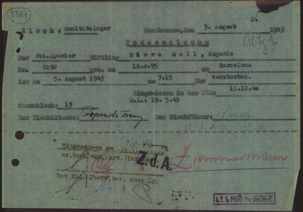 Aviso del fallecimiento del deportado Eugeni Riera en el campo de concentración de Mauthausen, en 1943.