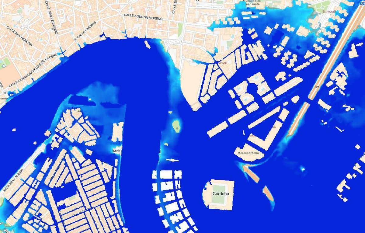 Escenario simulado por el Sistema Nacional de Cartografía de una inundación extrema (baja probabilidad) en Córdoba.