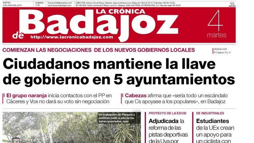 Esta es la portada de LA CRÓNICA DE BADAJOZ correspondiente al día 4 de junio del 2019