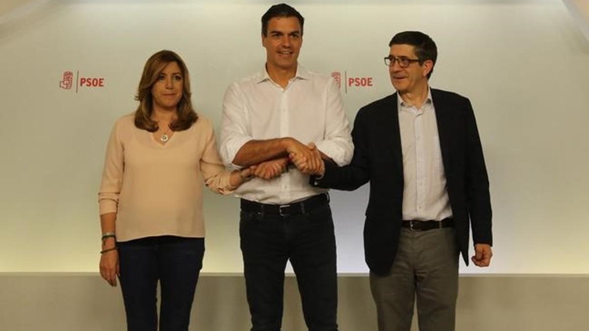 Susana Díaz, Pedro Sánchez y Patxi López tras las elecciones a la secretaría general del PSOE.