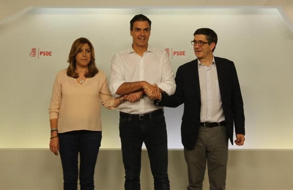 Susana Díaz, Pedro Sánchez y Patxi López tras las elecciones a la secretaría general del PSOE.